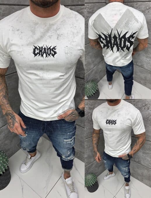 Mъжка Oversize тениска с надпис Chaos отпред и на гърба-екрю-код 2552-1