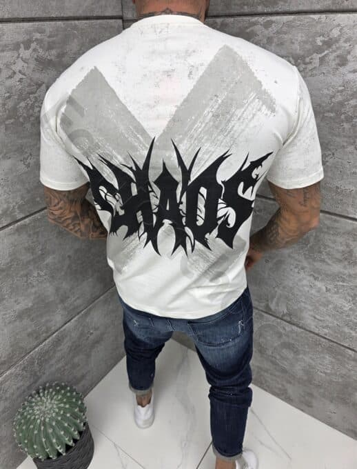 Mъжка Oversize тениска с надпис Chaos отпред и на гърба-екрю-код 2552-1