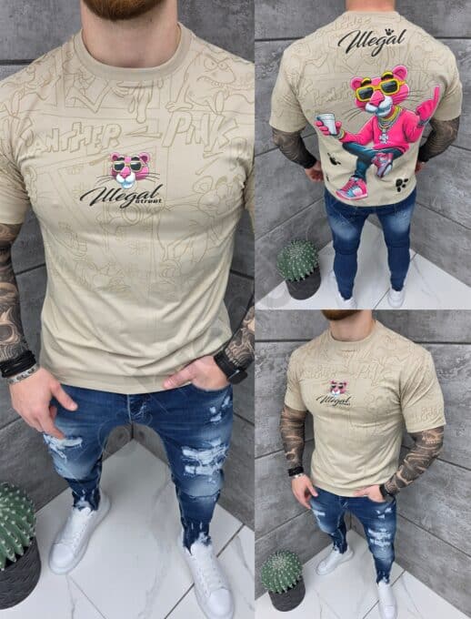 Mъжка тениска Pink Panther с надпис illegal street-капучино-код 2070-1