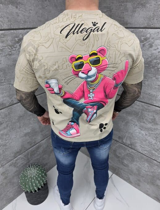 Mъжка тениска Pink Panther с надпис illegal street-капучино-код 2070-1