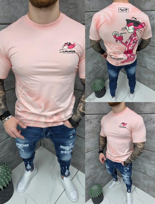 Mъжка тениска Pink Panther с надпис Summer-розово-код 2359-1