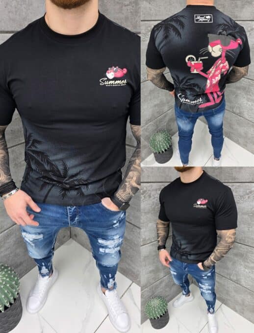 Mъжка тениска Pink Panther с надпис Summer-черно-код 2359