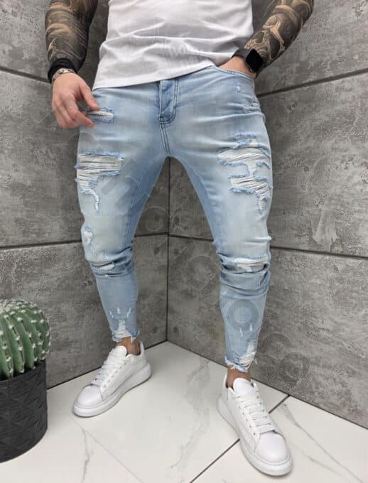 Мъжки светлосини Skinny fit дънки с накъсан и надран ефект-код 6189