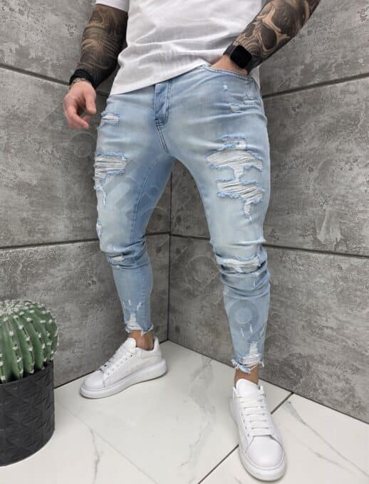 Мъжки светлосини Skinny fit дънки с накъсан и надран ефект-код 6189