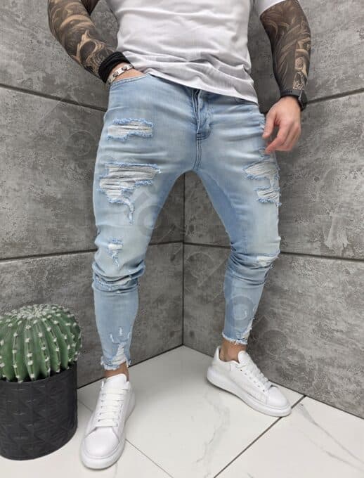 Мъжки светлосини Skinny fit дънки с накъсан и надран ефект-код 6189