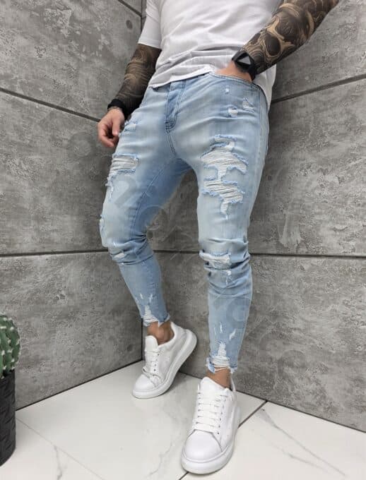 Мъжки светлосини Skinny fit дънки с накъсан и надран ефект-код 6189