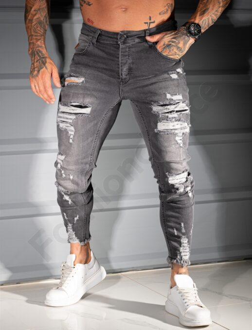 Мъжки тренди сиви Skinny fit дънки с накъсан и разнищен ефект-код 4756