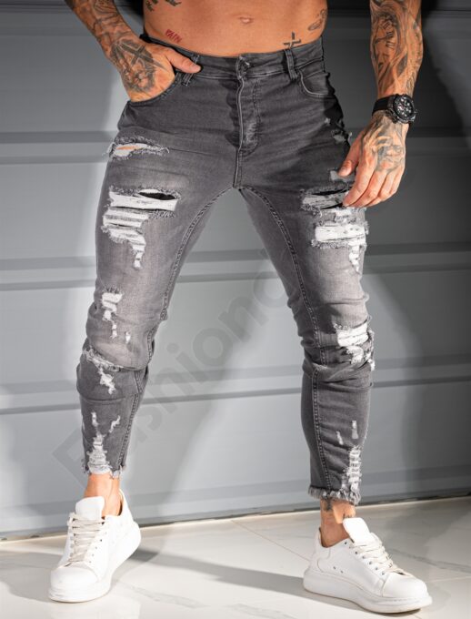 Мъжки тренди сиви Skinny fit дънки с накъсан и разнищен ефект-код 4756