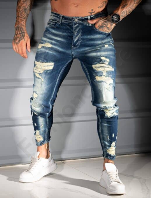 Мъжки сини Skinny дънки с винтидж ефект и накъсване-код 6267-2
