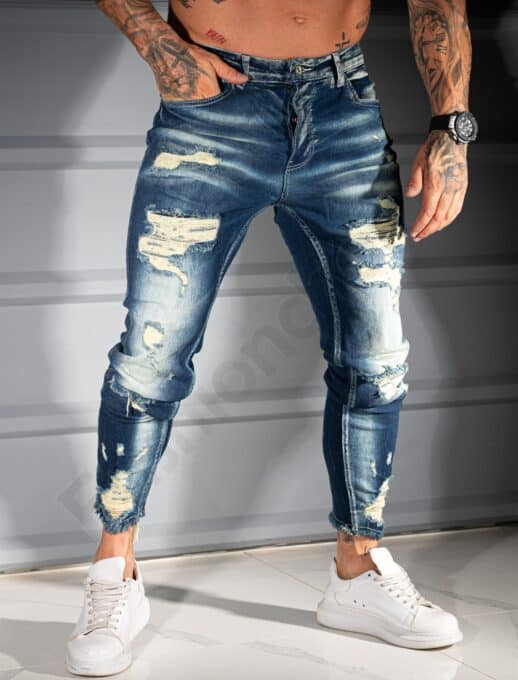 Мъжки сини Skinny дънки с винтидж ефект и накъсване-код 6267-2