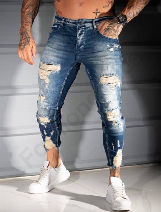 Мъжки сини Skinny дънки с кръпки и накъсване-код 4923
