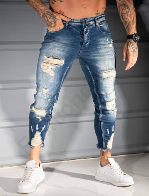 Мъжки сини Skinny дънки с кръпки и накъсване-код 4923