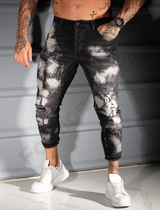 Мъжки черни Skinny дънки с ефектен изтъркан дизайн и накъсване-код 3996