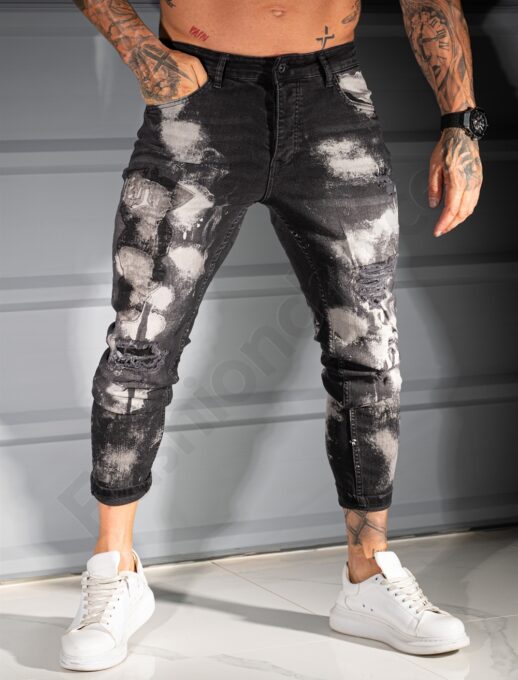 Мъжки черни Skinny дънки с ефектен изтъркан дизайн и накъсване-код 3996