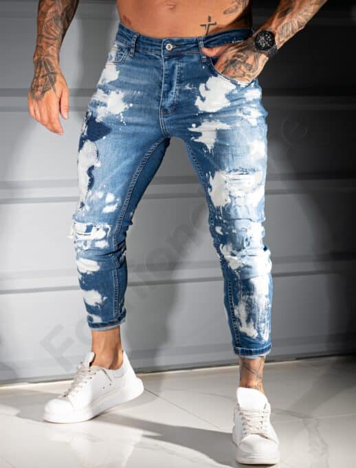 Мъжки сини Skinny дънки с ефектен изтъркан дизайн и накъсване-код 3996-1