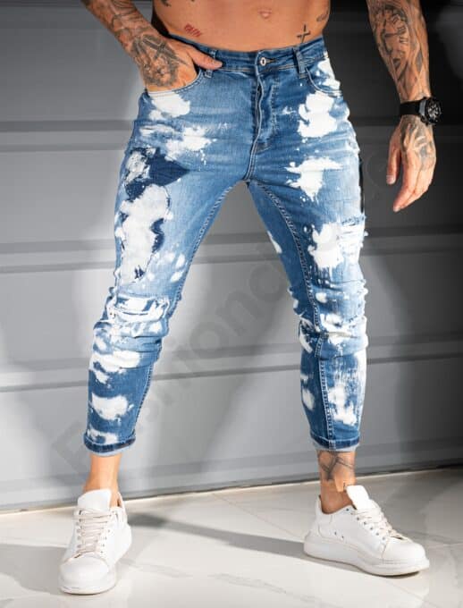 Мъжки сини Skinny дънки с ефектен изтъркан дизайн и накъсване-код 3996-1