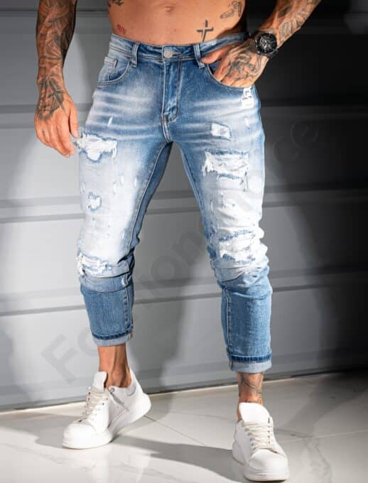Мъжки сини Skinny fit дънки с изтъркан ефект и накъсване-код 8331