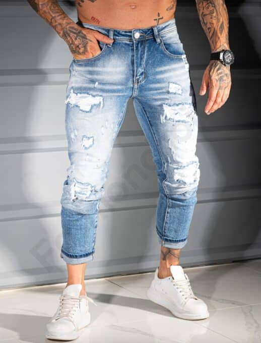 Мъжки сини Skinny fit дънки с изтъркан ефект и накъсване-код 8331