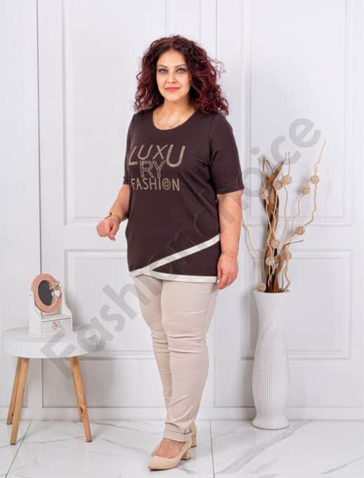 Стилна макси туника с апликация от камъчета Luxury Fashion-шоколад-код 1273-2