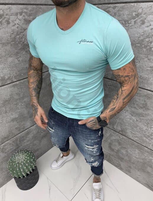 Mъжка Slim fit тениска с остро деколте и дискретна щампа-мента-код 262012-3