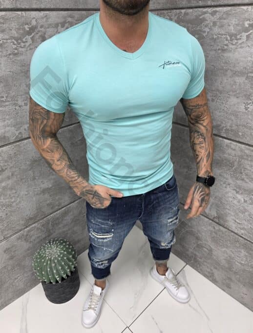 Mъжка Slim fit тениска с остро деколте и дискретна щампа-мента-код 262012-3