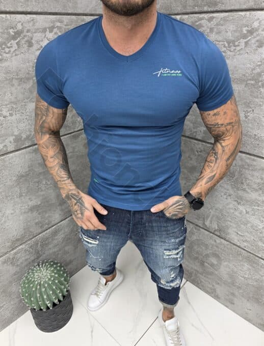 Mъжка Slim fit тениска с остро деколте и дискретна щампа-парламент-код 262012-4