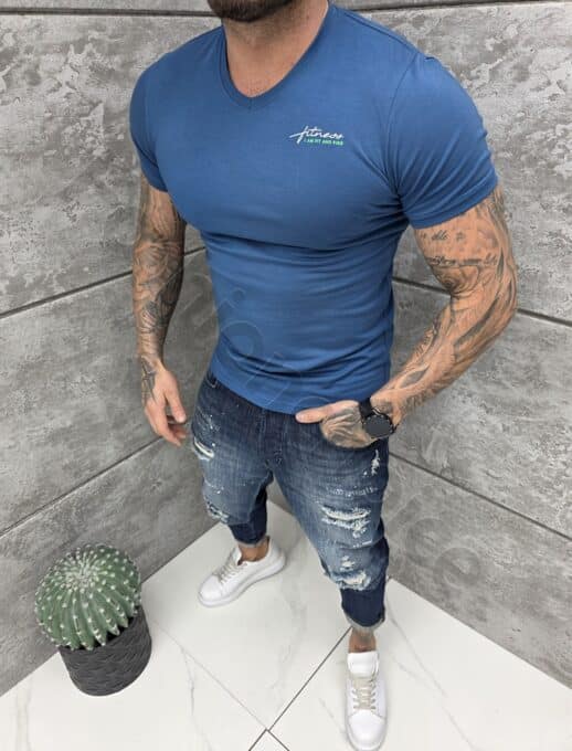Mъжка Slim fit тениска с остро деколте и дискретна щампа-парламент-код 262012-4