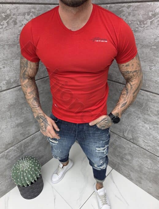 Mъжка Slim fit тениска с остро деколте и дискретна щампа-червено-код 262012-6