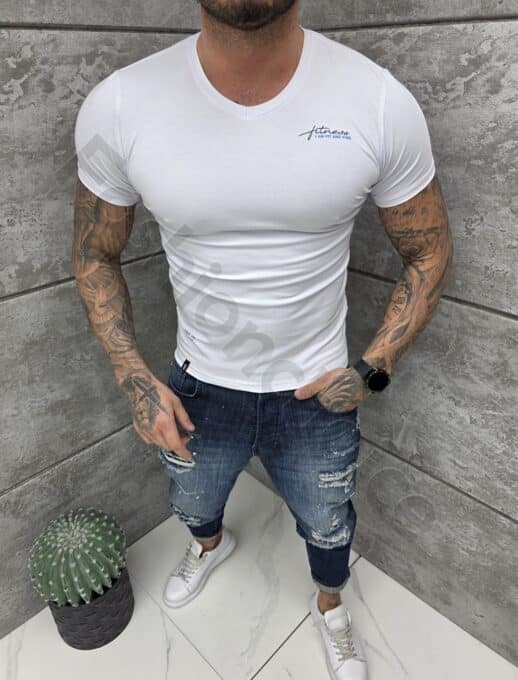 Mъжка Slim fit тениска с остро деколте и дискретна щампа-бяло-код 262012-8