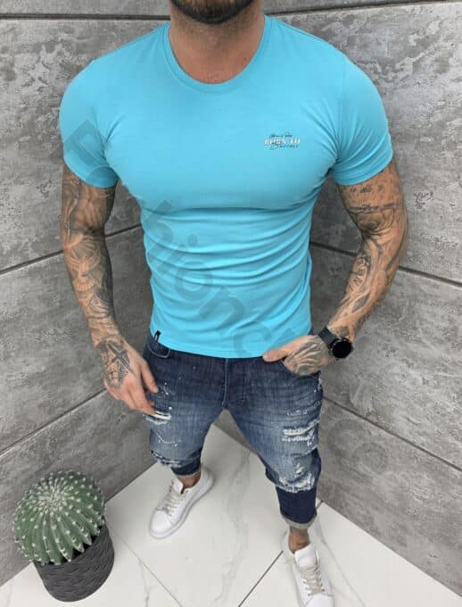 Mъжка Slim fit тениска с обло деколте и дискретна щампа-мента-код 261009-9