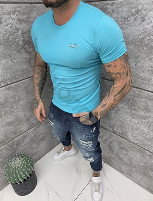 Mъжка Slim fit тениска с обло деколте и дискретна щампа-мента-код 261009-9