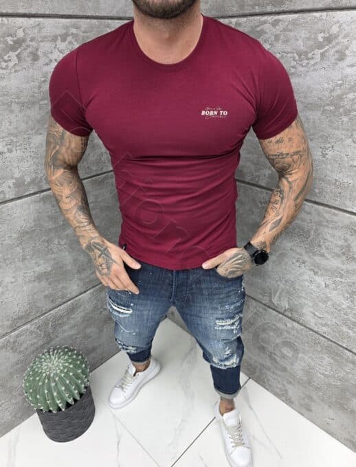 Mъжка Slim fit тениска с обло деколте и дискретна щампа-бордо-код 261009-7