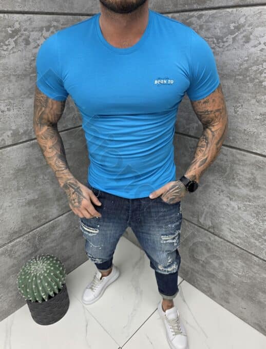 Mъжка Slim fit тениска с обло деколте и дискретна щампа-тюркоаз-код 261009-6