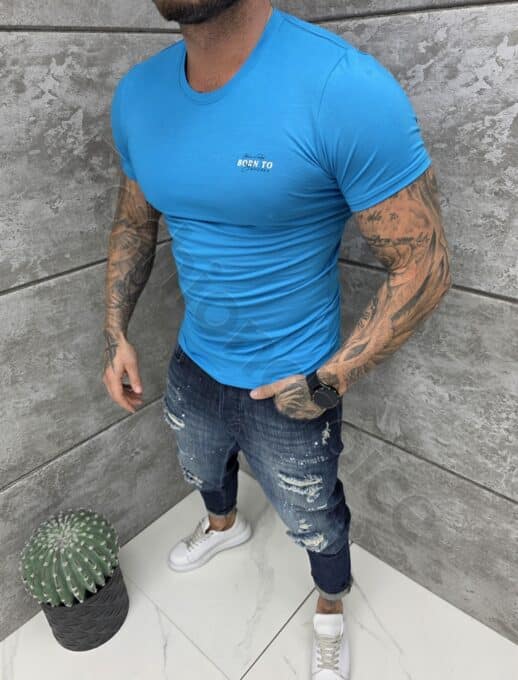 Mъжка Slim fit тениска с обло деколте и дискретна щампа-тюркоаз-код 261009-6