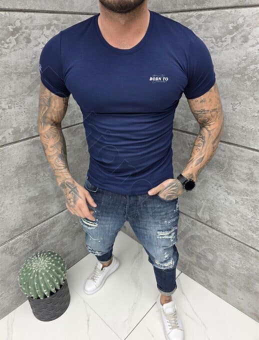 Mъжка Slim fit тениска с обло деколте и дискретна щампа-тъмносиньо-код 261009-5