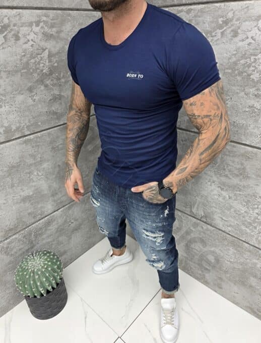 Mъжка Slim fit тениска с обло деколте и дискретна щампа-тъмносиньо-код 261009-5