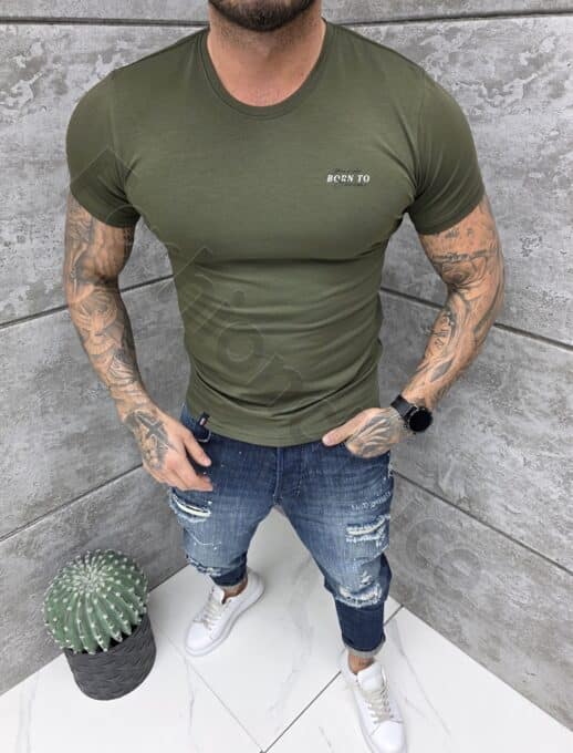 Mъжка Slim fit тениска с обло деколте и дискретна щампа-каки-код 261009-3