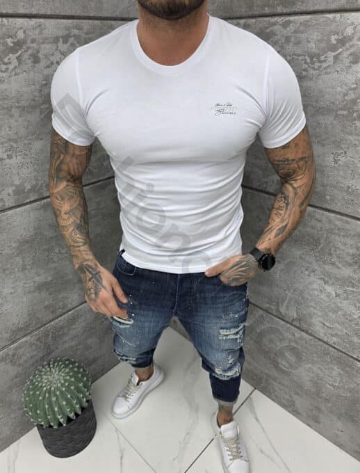Mъжка Slim fit тениска с обло деколте и дискретна щампа-бяло-код 261009-1