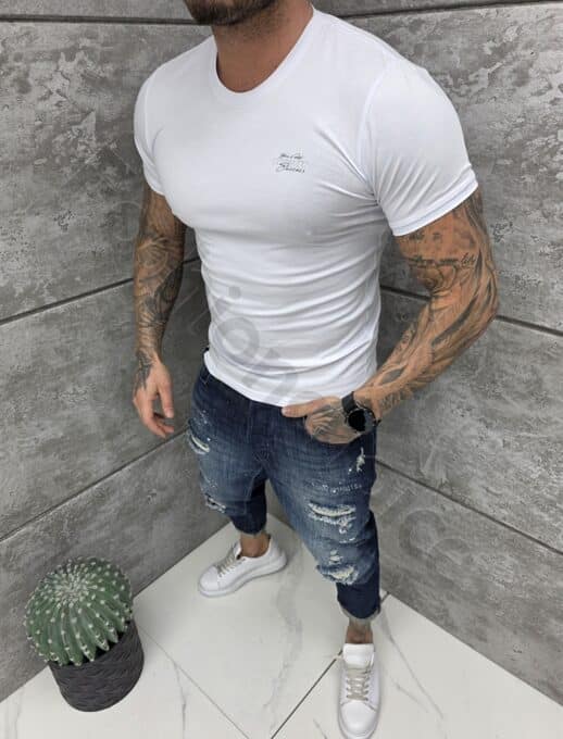 Mъжка Slim fit тениска с обло деколте и дискретна щампа-бяло-код 261009-1
