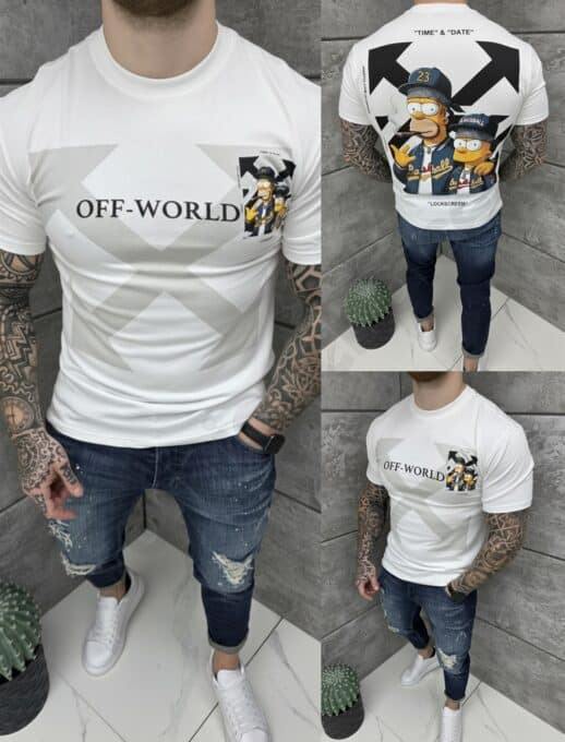 Mъжка тениска с надпис OFF-WORLD и щампа гърба-бяло-код 318-1