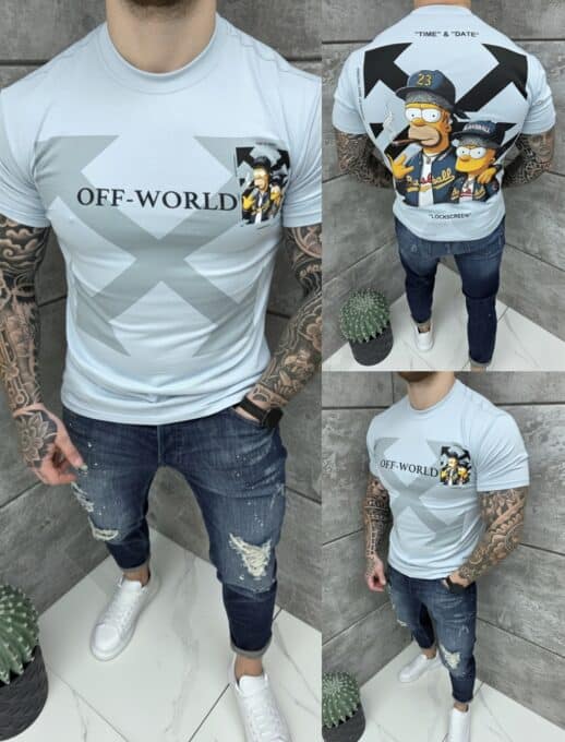 Mъжка тениска с надпис OFF-WORLD и щампа гърба-светлосиньо-код 318-2