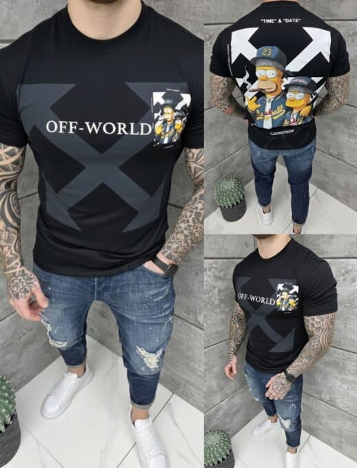 Mъжка тениска с надпис OFF-WORLD и щампа гърба-черно-код 318