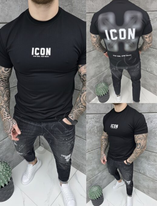 Mъжка Oversize тениска с надпис ICON и щампа на гърба-черно-код 2528