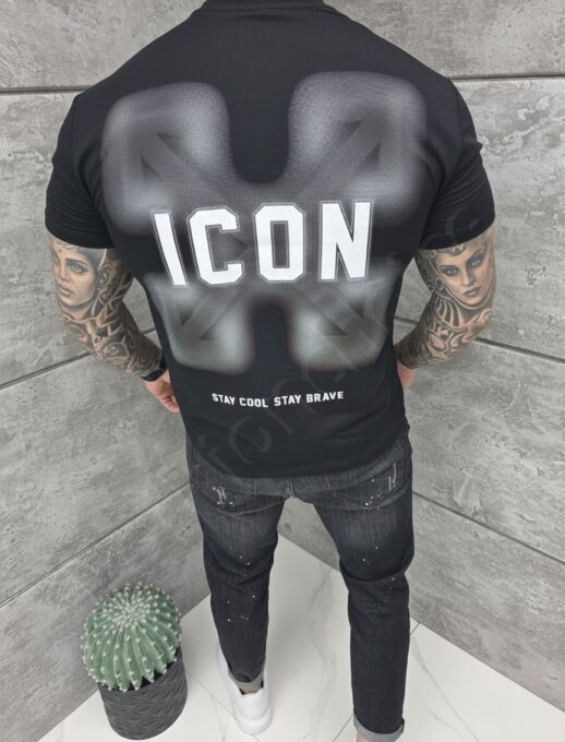Mъжка Oversize тениска с надпис ICON и щампа на гърба-черно-код 2528