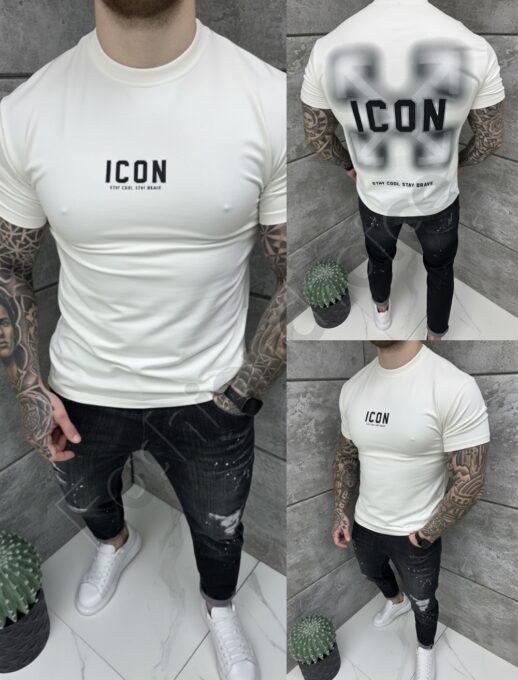 Mъжка Oversize тениска с надпис ICON и щампа на гърба-бяло-код 2528-1