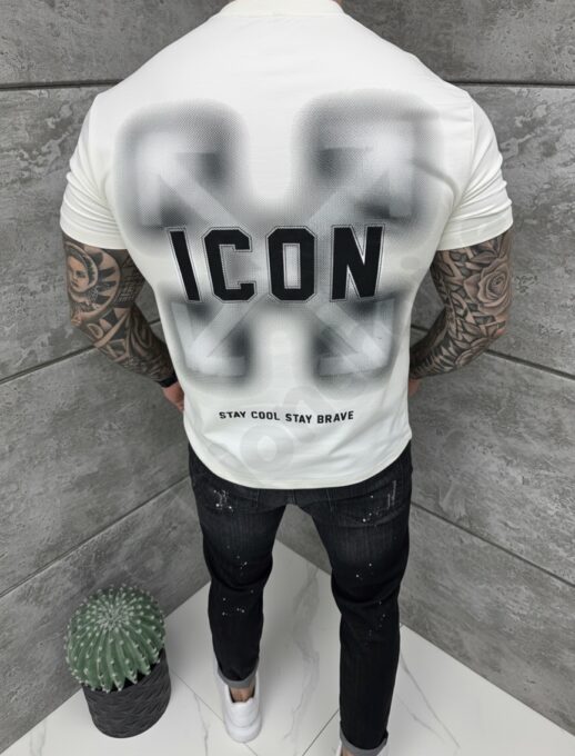 Mъжка Oversize тениска с надпис ICON и щампа на гърба-бяло-код 2528-1