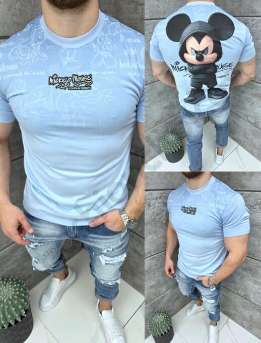 Mъжка тениска с апликация MICKEY MOUSE и щампа на гърба-синьо-код 413-2