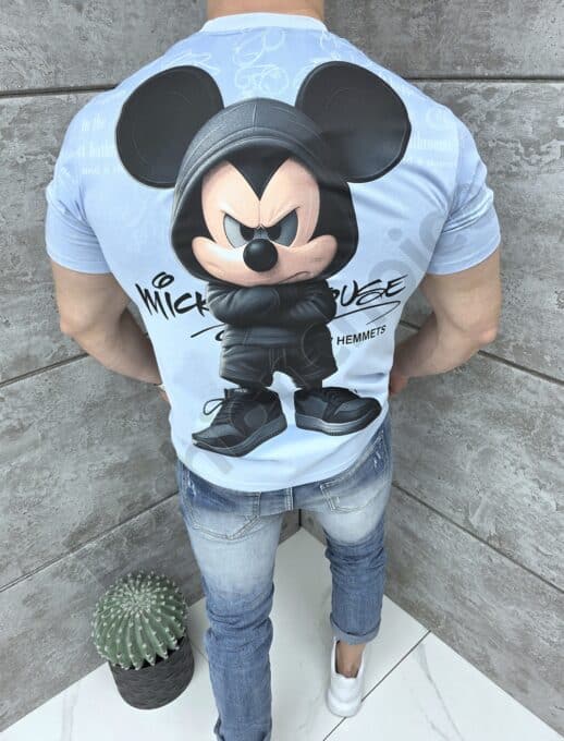 Mъжка тениска с апликация MICKEY MOUSE и щампа на гърба-синьо-код 413-2