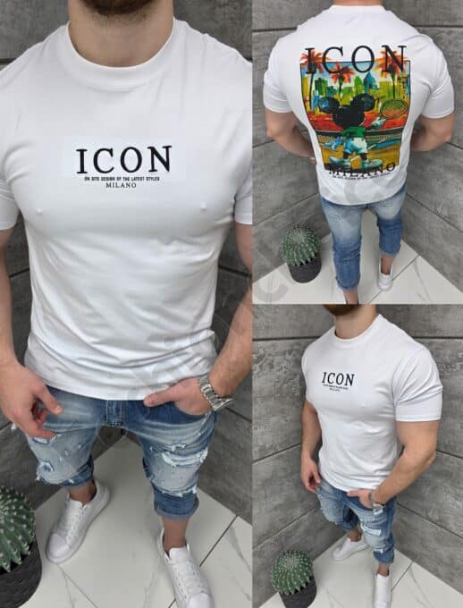 Mъжка тениска с бродерия ICON и щампа на гърба-бяло-код 1973-1