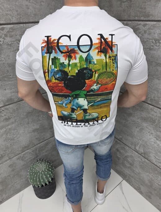 Mъжка тениска с бродерия ICON и щампа на гърба-бяло-код 1973-1
